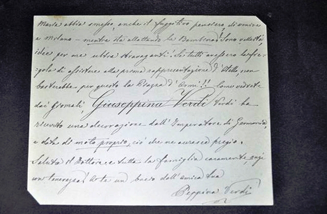 Una delle lettere di Giuseppe Verdi in esposizione a Prato
