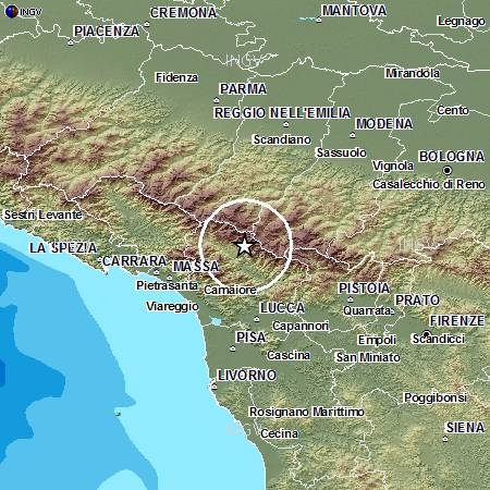 L'epicentro del terremoto del 25 gennaio 2013 in Garfagnana