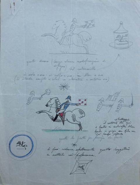 una lettera del 21 settembre 1927 contenente un disegno colorato con varianti e indicazioni scritte per un calamaio o un posacenere con figura di "Messaggero", (mm 280x215)
